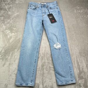Levis Premium Wedgie Straight Jeans Womens 25 Blue Button Fly Distressed New Nwt